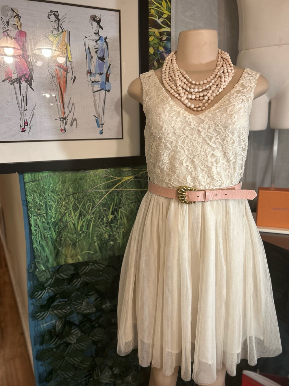 Forever 21-XXI Vintage-Inspired Cream Lace & Tulle Dress W:FREE BELT & NECKLACE!